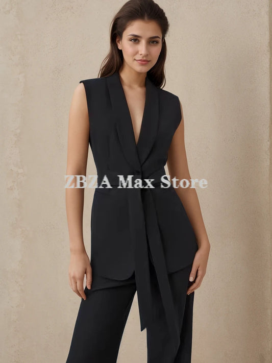 Women's Vest Coat Trousers Suit Sleeveless Lapel Belted Tuxedo Vest High Waist Zip  Fluid Straight Leg Pants Female Fashion Suit