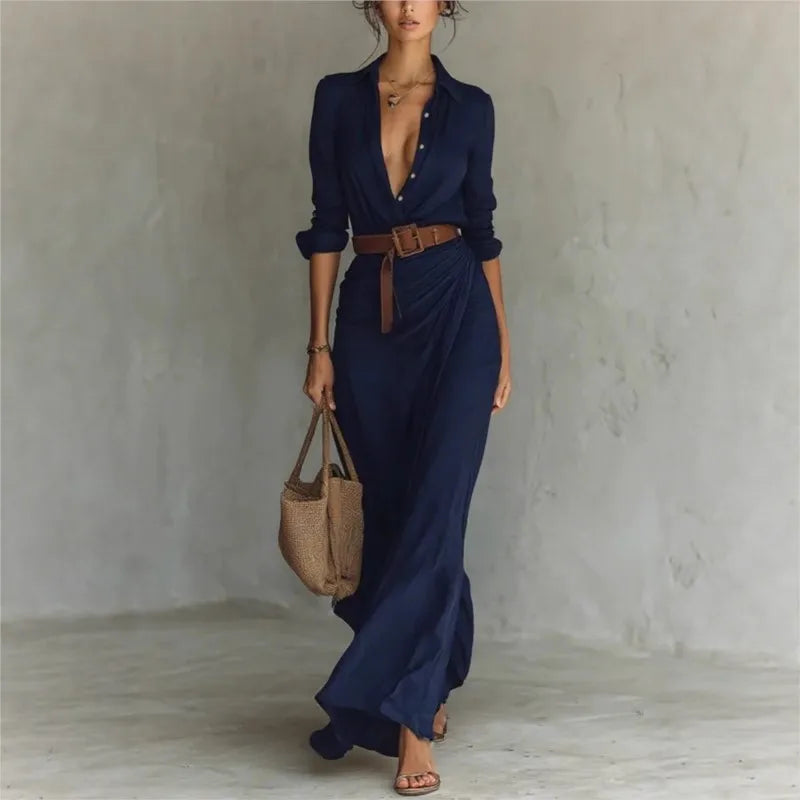 Women's Fashion Solid Holiday Party Dress Elegant Lapel Button Draped Long Dress Casual Long Sleeve Match With Belt Shirt Dress