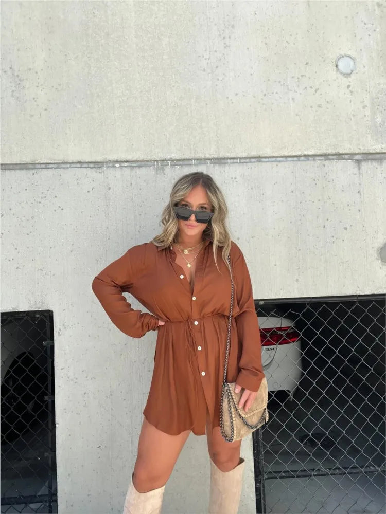 Autumn Women's New Fashion Solid Color Long Sleeved Single Breasted Lace Up Waist Cinching Shirt Short Pants Two-piece Set