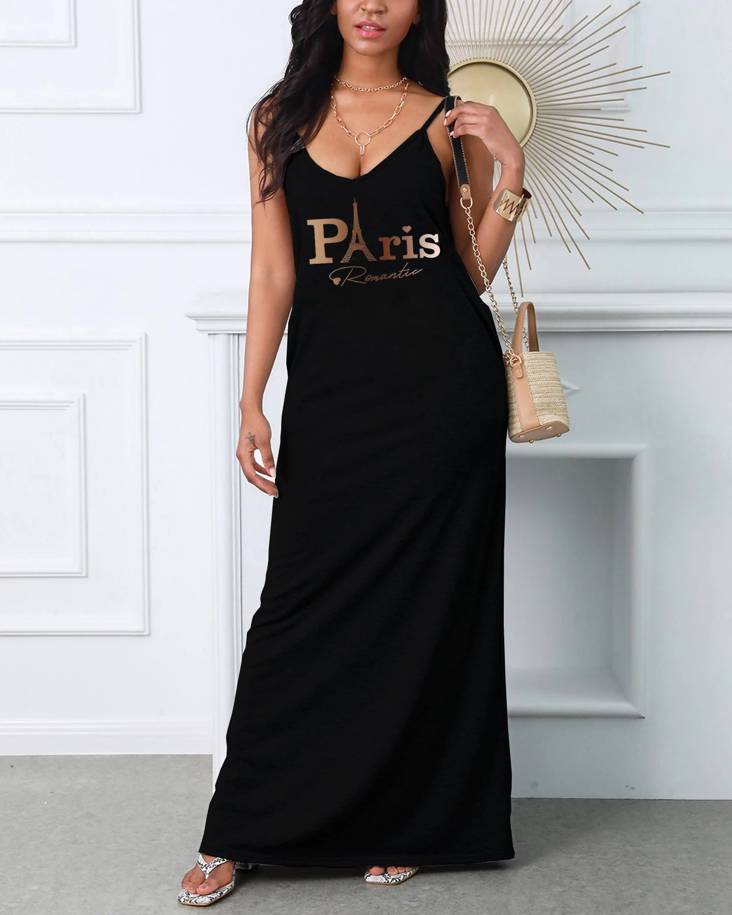 Women's spring and summer Paris Eiffel Tower printed suspender sexy dress V-neck pocket slim fit dress casual nightclub