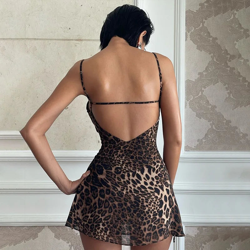 Women Summer Sleeveless Dress Casual Leopard Print Backless Party Mini Dress for Vacation Cocktail Beach Y2K Streetwear