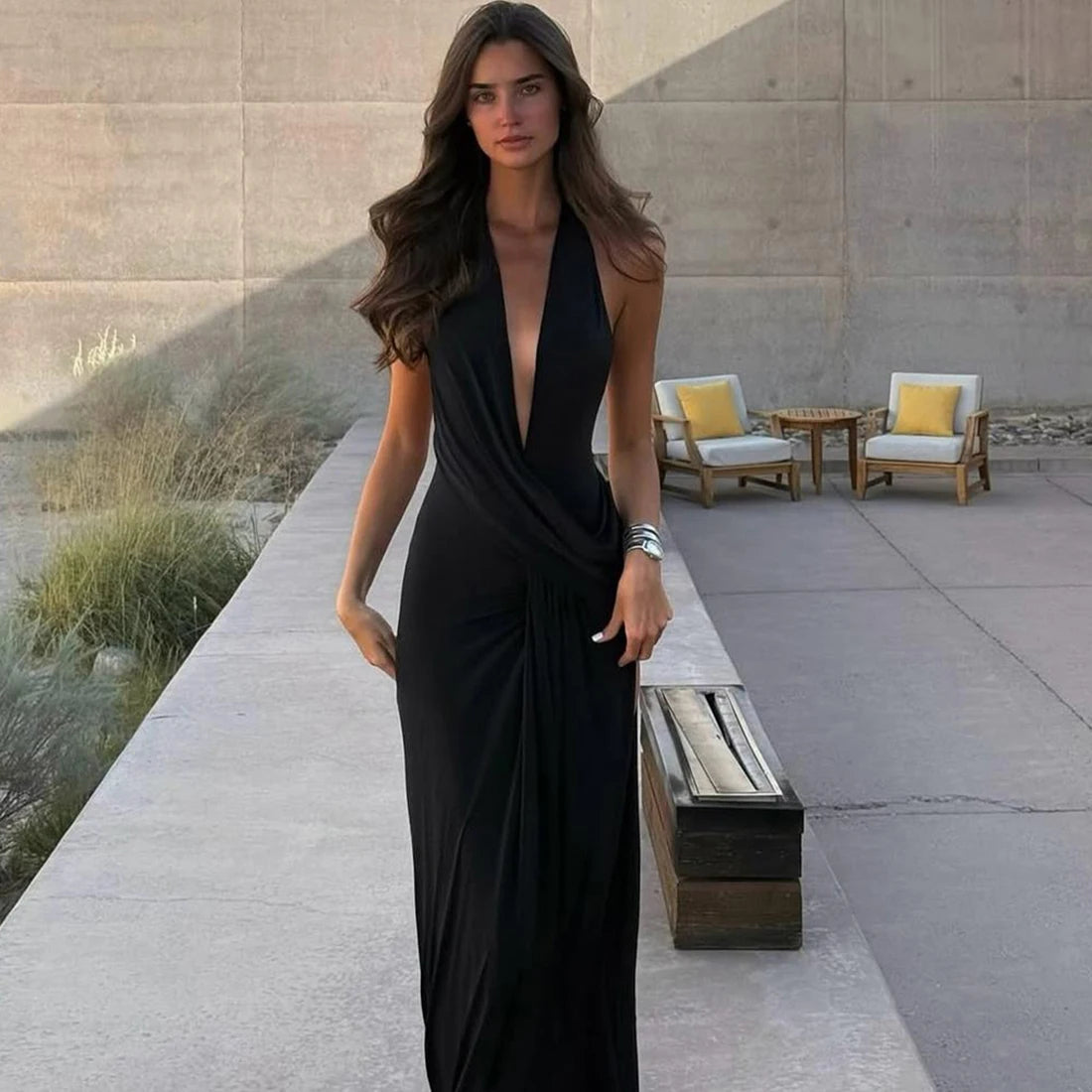 Deep V Neck Backless Ruched Sexy Maxi Dress Women High Slit Gown Summer Halter Sleeveless Draped Club Party Long Dress 2025