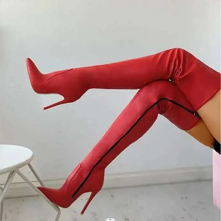 Autumn/Winter Women's Boots Sexy High Heels Slim Over The Knee Boots Pointed Side Zipper Large Size 34-47 Long Boots