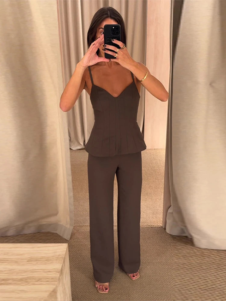 Chic Slim Tank Top Pants Sets Women Sleeveless Backless Flare Hem Vest Straight High Waist Trousers Suits Sexy Summer Solid Set