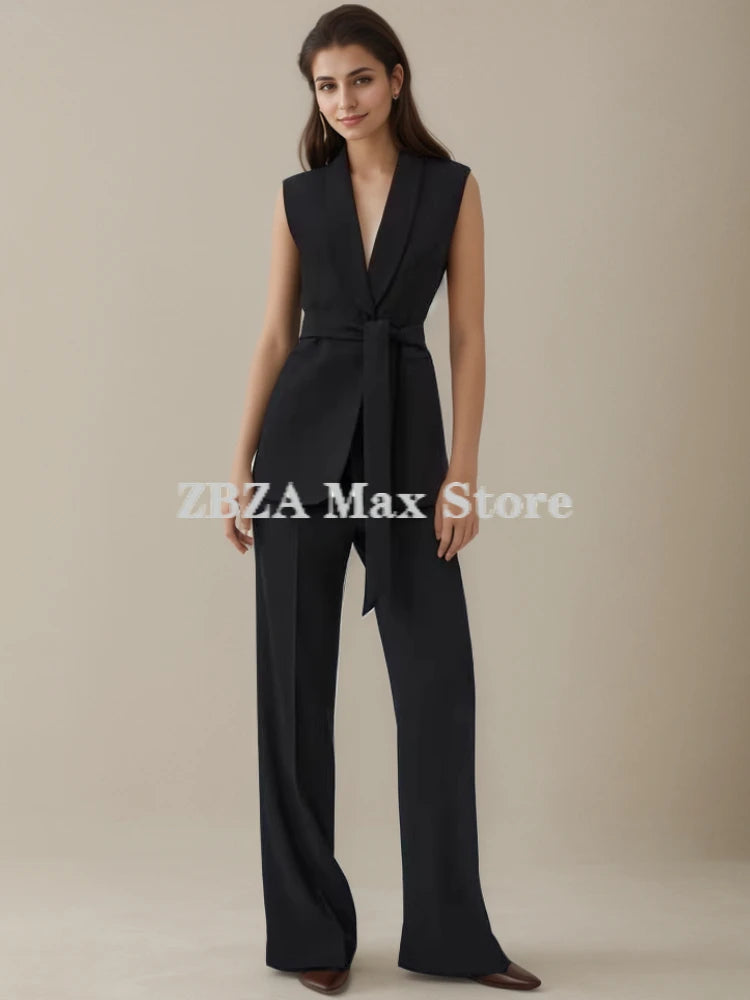 Women's Vest Coat Trousers Suit Sleeveless Lapel Belted Tuxedo Vest High Waist Zip  Fluid Straight Leg Pants Female Fashion Suit