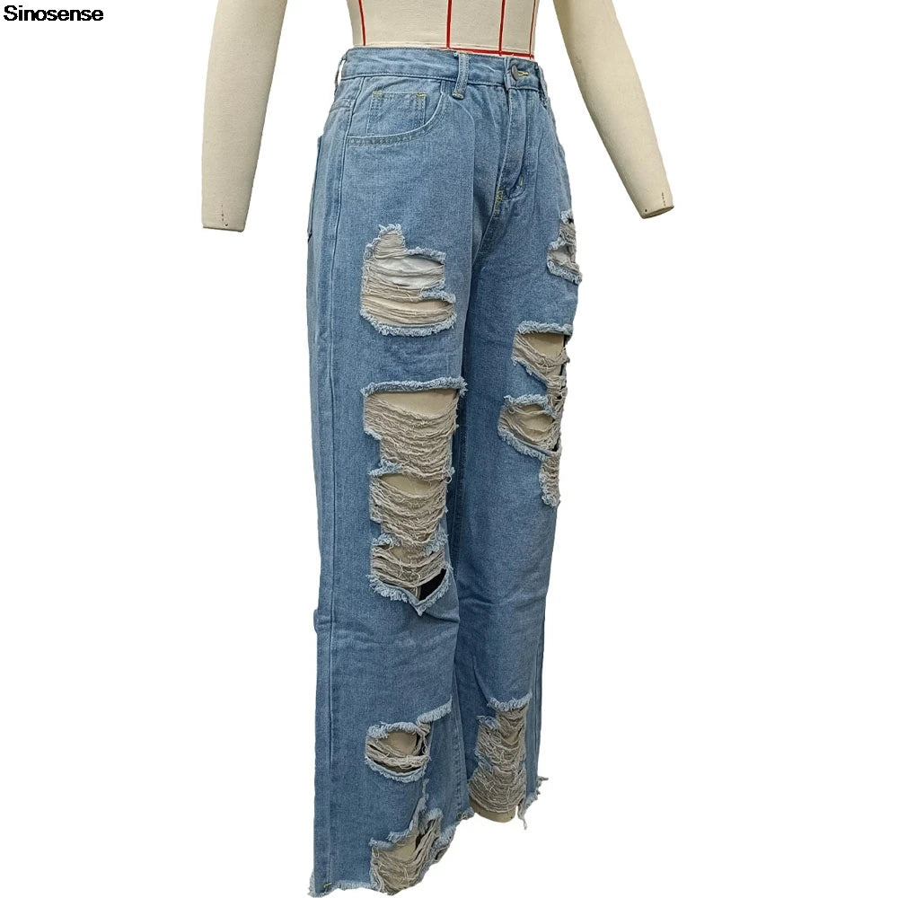 Womens Casual Loose Ripped Denim Pants High Waist Boyfriend Destroyed Distressed Wide Leg Jeans Daily Wear Street Y2K Jeans
