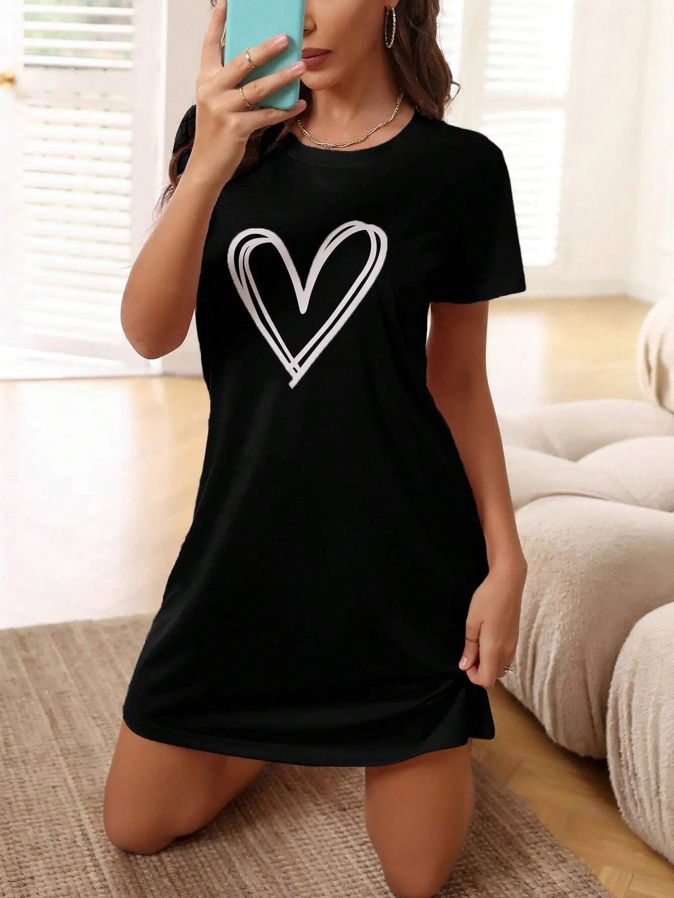 Plus Size Loungewear Nightdress Women's Heart Print Short Sleeve Sexy Crew Neck Home Dress Sexy Nightwear Romantic Ladies