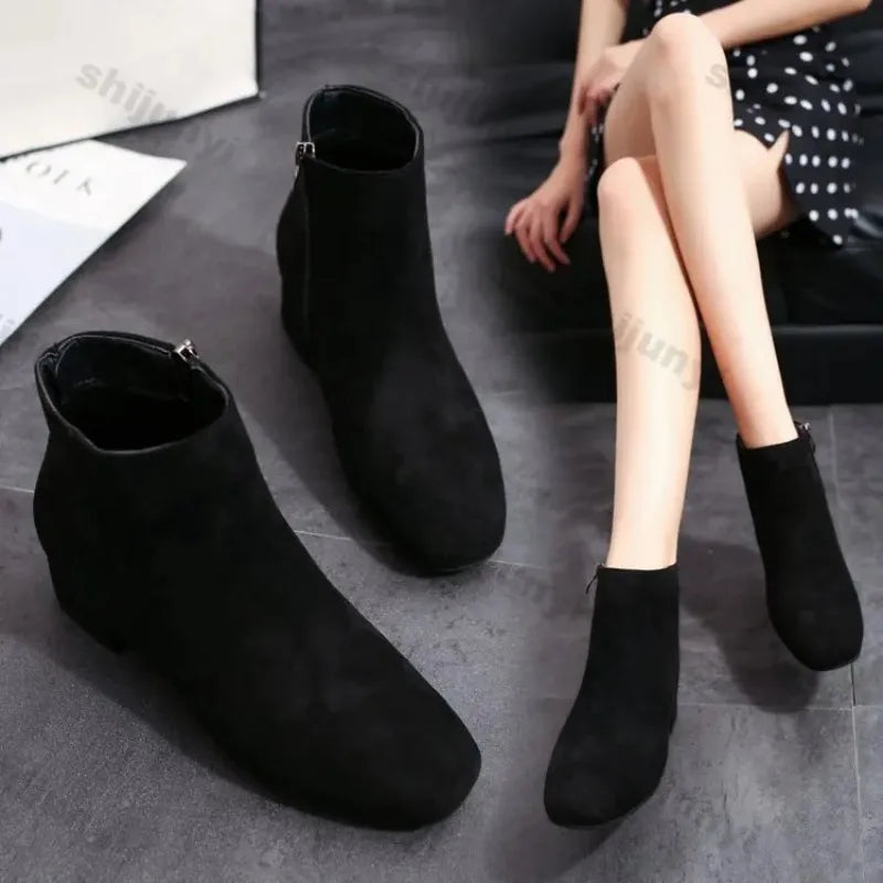 Women Suede Ankle Boots Chunky Heels Autumn New Fashion Mid-heel Shoes Women Trend Snow Boots Elegant Walking Goth Botas Mujer