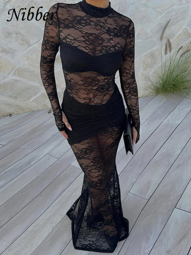 Nibber Sexy Party Dress Women Patchwork Lace Autumn Fashion Stretch Full Sleeve Skinny Birthday Midnight Clubwear Solid Vestidos
