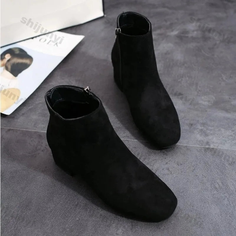 Women Suede Ankle Boots Chunky Heels Autumn New Fashion Mid-heel Shoes Women Trend Snow Boots Elegant Walking Goth Botas Mujer