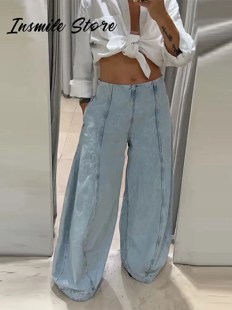 Chic Ripped Zipper Blue jeans Women Low Waist Pocket Female Wide Leg Denim Pants 2025 Autumn Loose Street Lady Trousers New