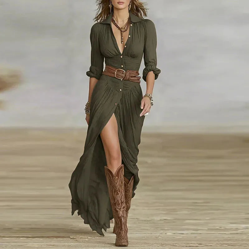 Female Clothing Fashion Solid Lapel Button Pleated Irregular Dress Woman Autumn Long Sleeve Belted Slim Split Long Dresses Mujer