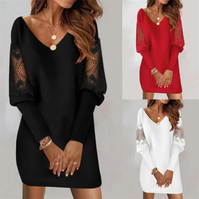 2024 Fashion Sexy V-Neck Mini Dress Vestidos Elegant Women's Autumn Winter Casual Loose Lace Long Sleeve Office Lady Dress Robe