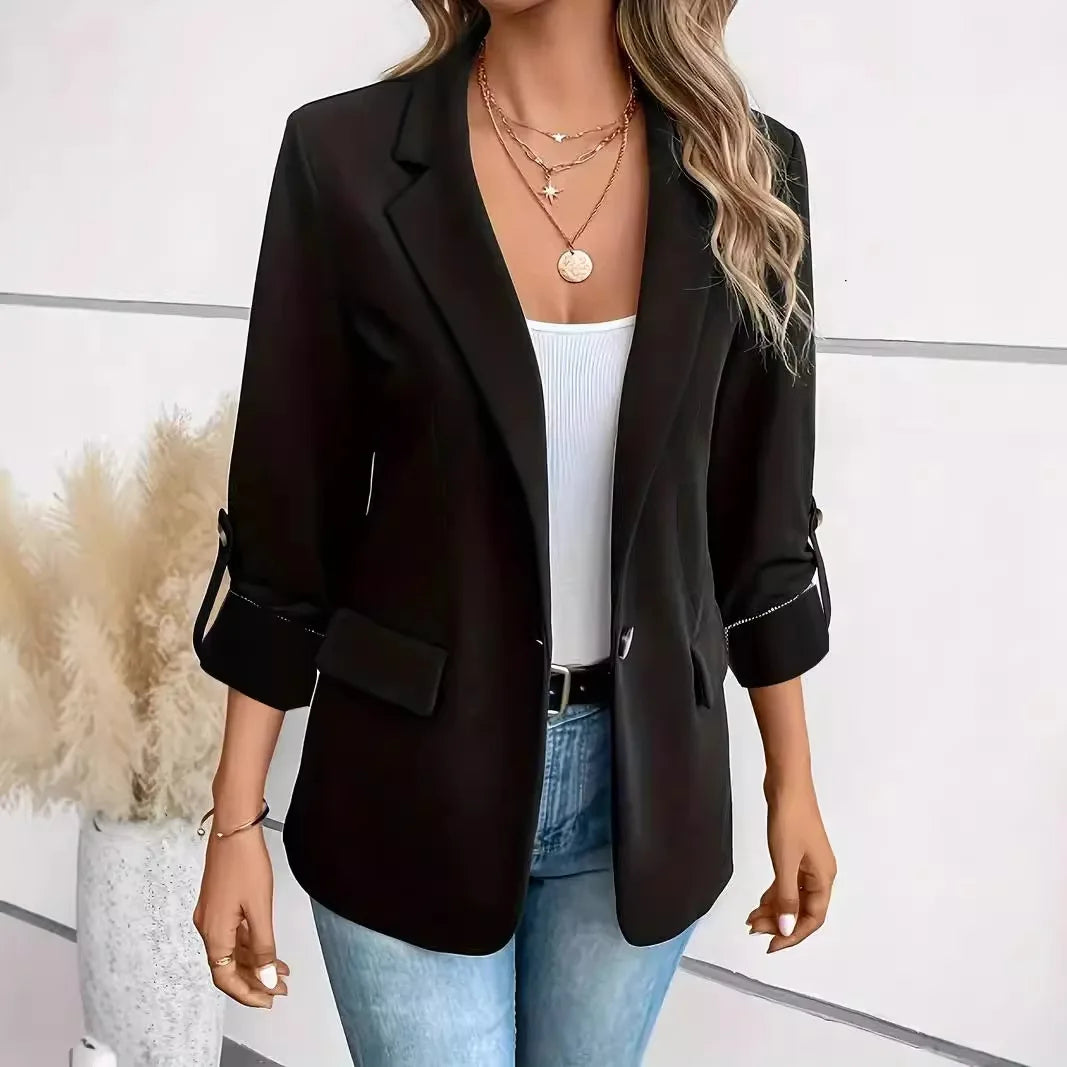 Blazers Long Sleeve Women Suits Blazer Single Button Solid Cardigan Loose Fit Turn Down Collar Pockets Casual 2025 Summer
