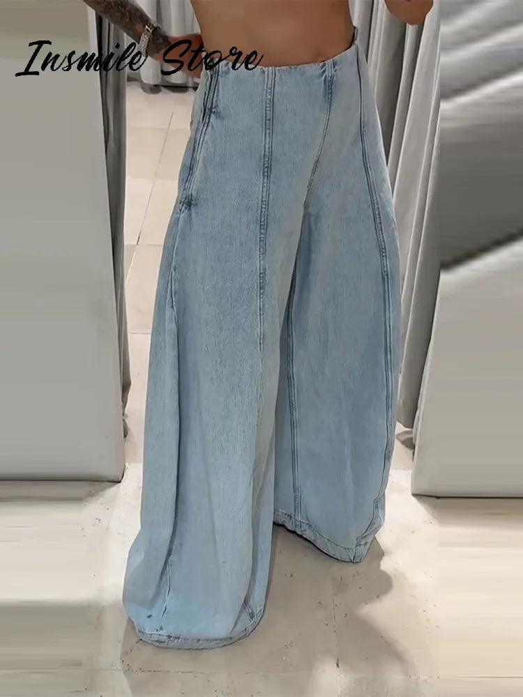 Chic Ripped Zipper Blue jeans Women Low Waist Pocket Female Wide Leg Denim Pants 2025 Autumn Loose Street Lady Trousers New