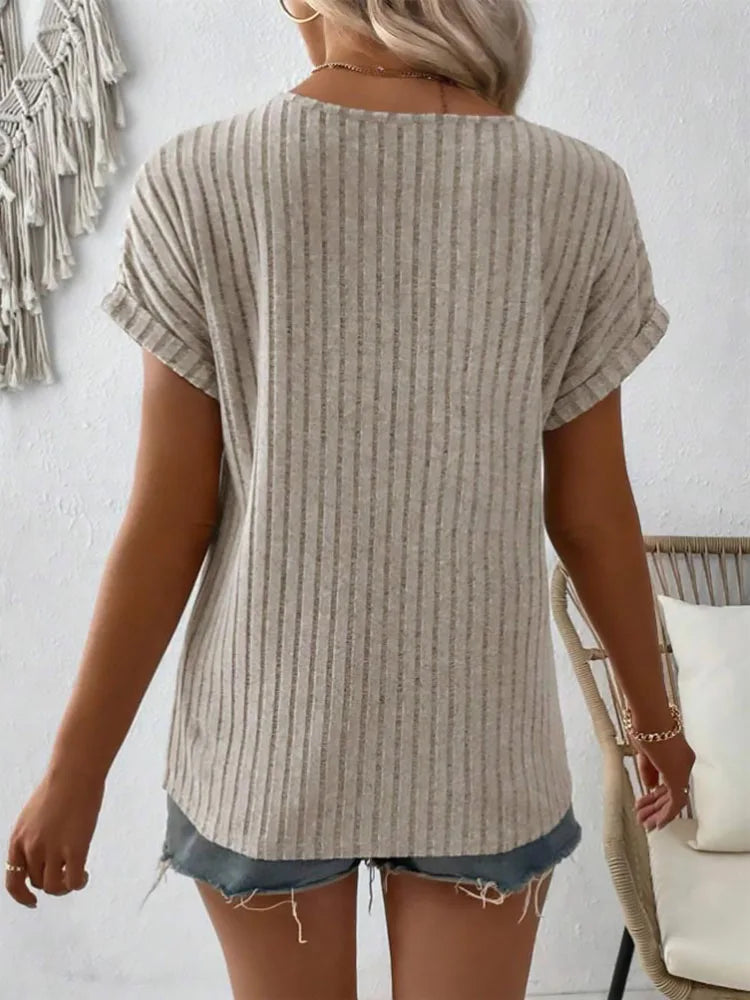 Summer new fashion Batsleeve solid color V-neck pullovers temperament button pit strip knit T-shirt