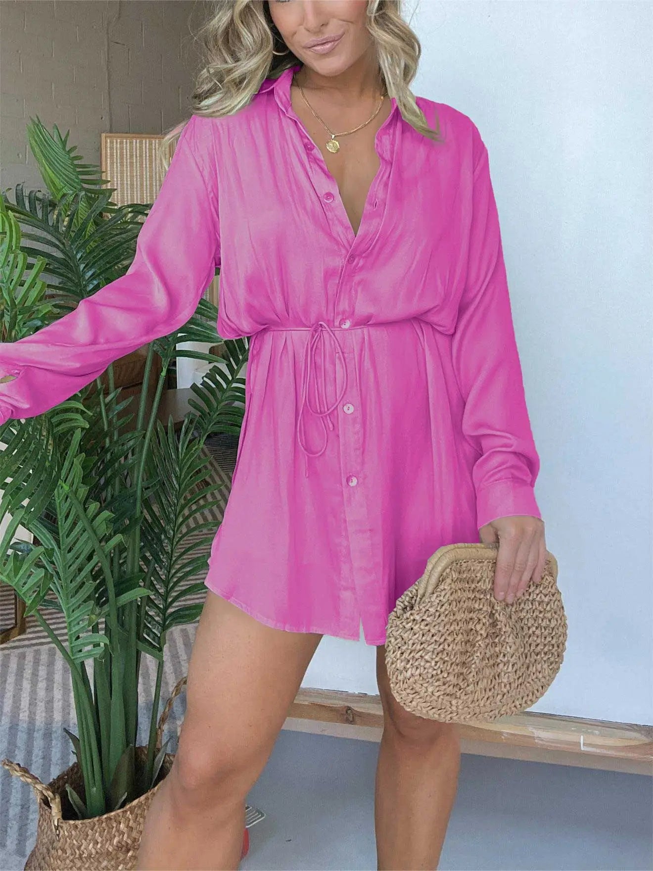 Autumn Women's New Fashion Solid Color Long Sleeved Single Breasted Lace Up Waist Cinching Shirt Short Pants Two-piece Set