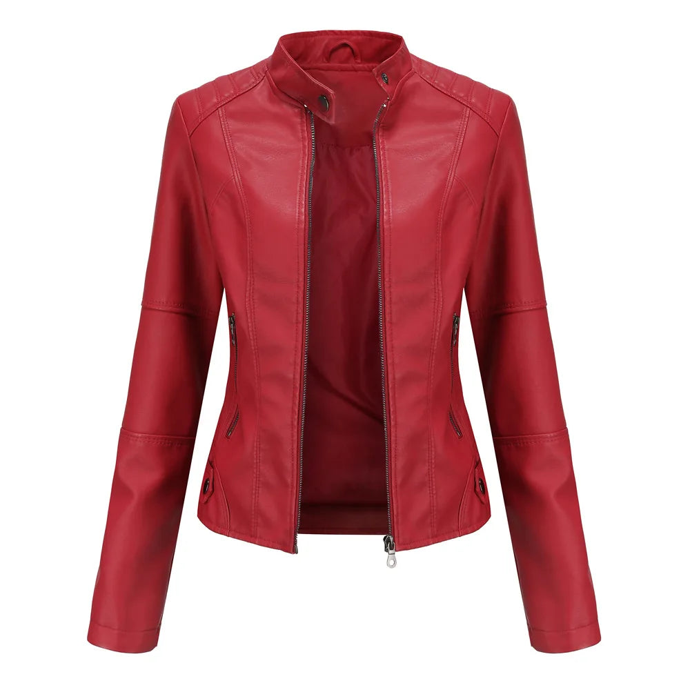 Women's Slim Fit Leather Jacket with  Motorcycle Suit, Large Standing Collar,  Autumn Black zipper outdoor leather top