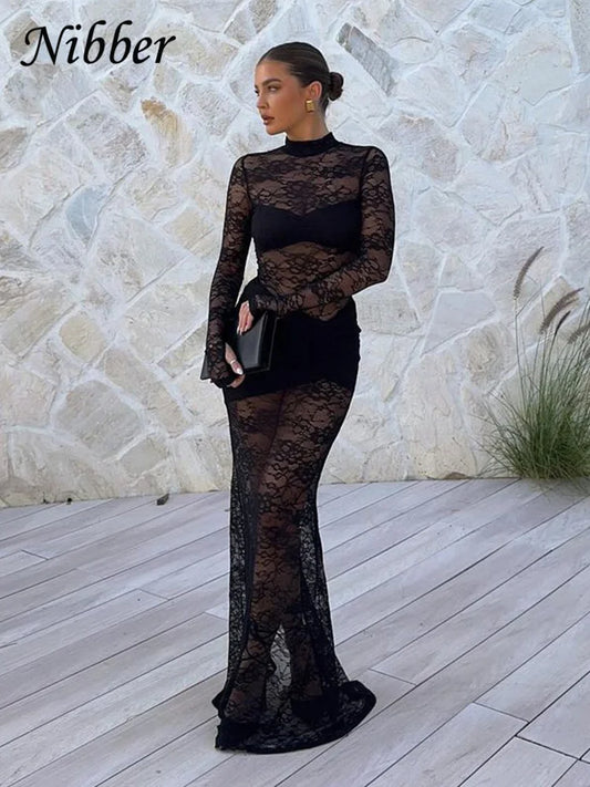 Nibber Sexy Party Dress Women Patchwork Lace Autumn Fashion Stretch Full Sleeve Skinny Birthday Midnight Clubwear Solid Vestidos