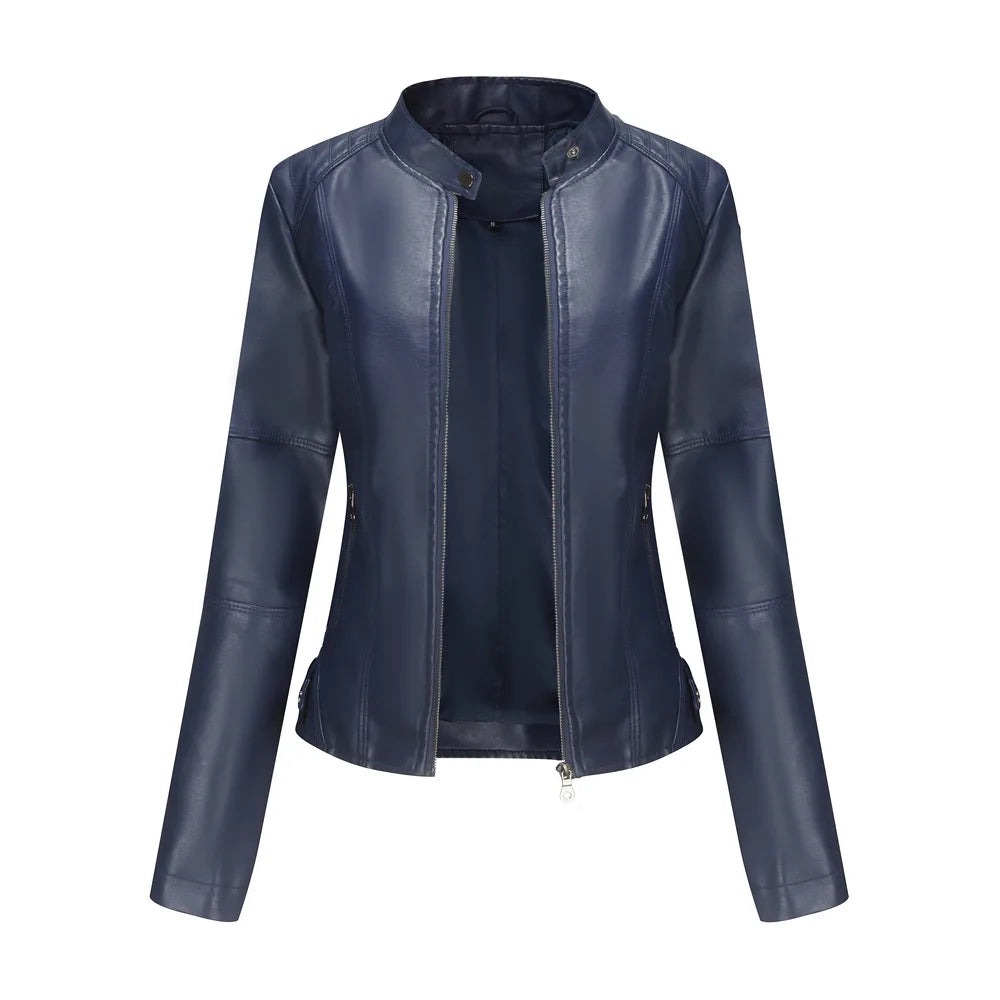 Women's Slim Fit Leather Jacket with  Motorcycle Suit, Large Standing Collar,  Autumn Black zipper outdoor leather top