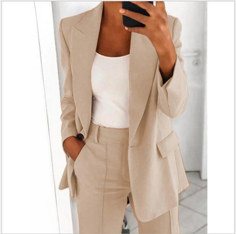 Casual Long Sleeve Suit Coat Pants Set Office Lady Spring Autumn Solid Blouse Trouser Two Piece Set Women Outfit 2023 Tops