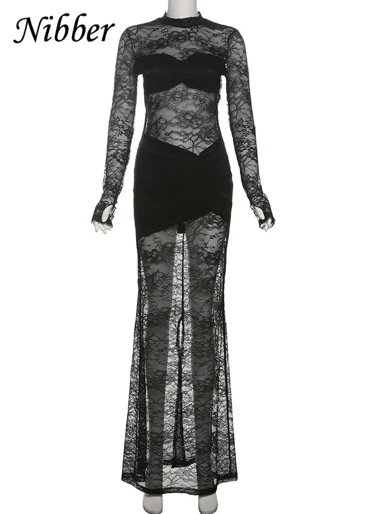 Nibber Sexy Party Dress Women Patchwork Lace Autumn Fashion Stretch Full Sleeve Skinny Birthday Midnight Clubwear Solid Vestidos