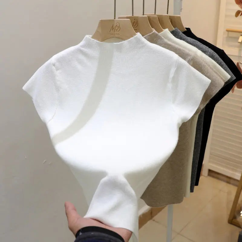 2025 Basic Turtleneck Solid Thin Summer Pullover Women Female Knitted Sweater Slim Short Sleeve Bodycon Sweater