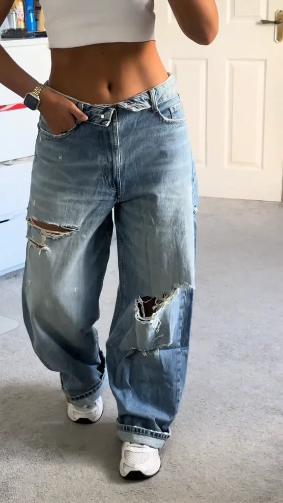 Chic Ripped Zipper Blue jeans Women Low Waist Pocket Female Wide Leg Denim Pants 2025 Autumn Loose Street Lady Trousers New