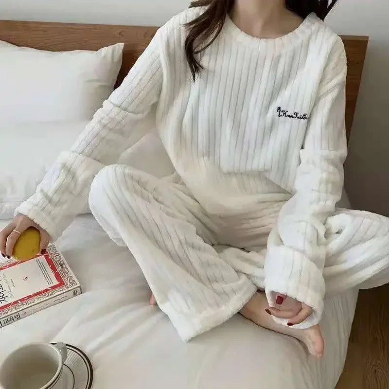 2 Piece Sets Autumn Women Solid Warm Thicken Velvet Ribbed Fleece Set Pullover and Pants Women Casual Pajama Sets