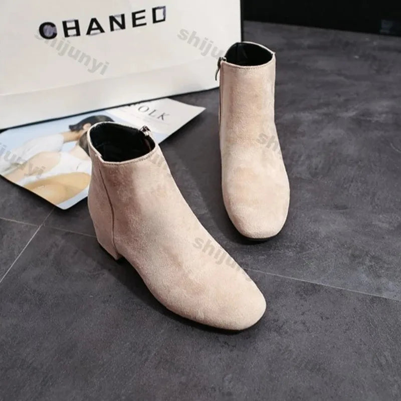 Women Suede Ankle Boots Chunky Heels Autumn New Fashion Mid-heel Shoes Women Trend Snow Boots Elegant Walking Goth Botas Mujer