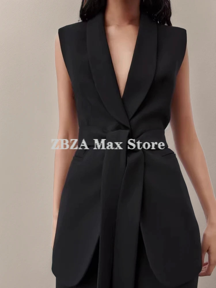 Women's Vest Coat Trousers Suit Sleeveless Lapel Belted Tuxedo Vest High Waist Zip  Fluid Straight Leg Pants Female Fashion Suit