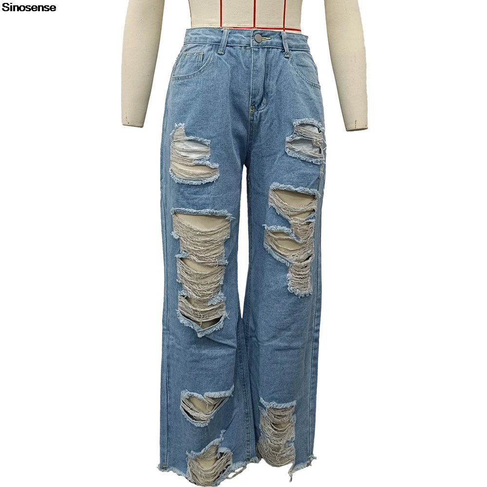 Womens Casual Loose Ripped Denim Pants High Waist Boyfriend Destroyed Distressed Wide Leg Jeans Daily Wear Street Y2K Jeans