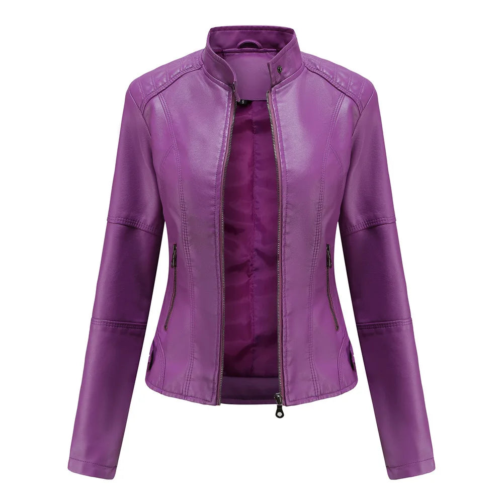 Women's Slim Fit Leather Jacket with  Motorcycle Suit, Large Standing Collar,  Autumn Black zipper outdoor leather top
