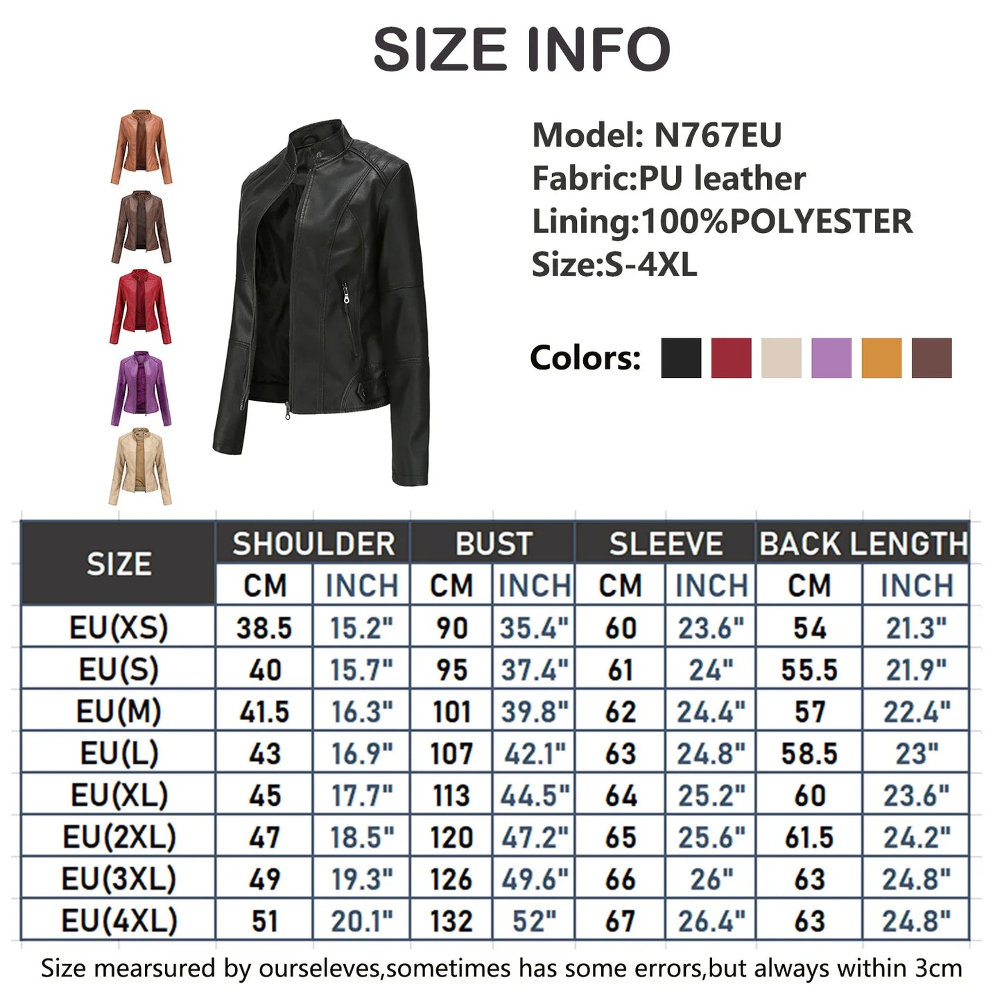 Women's Slim Fit Leather Jacket with  Motorcycle Suit, Large Standing Collar,  Autumn Black zipper outdoor leather top