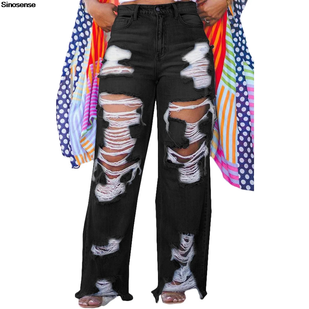 Womens Casual Loose Ripped Denim Pants High Waist Boyfriend Destroyed Distressed Wide Leg Jeans Daily Wear Street Y2K Jeans
