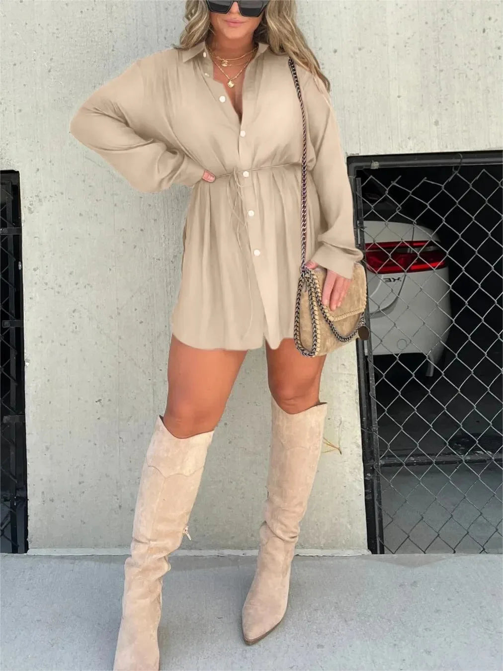 Autumn Women's New Fashion Solid Color Long Sleeved Single Breasted Lace Up Waist Cinching Shirt Short Pants Two-piece Set