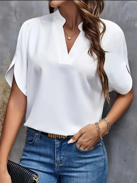 Women Spring Summer Style Blouses Shirts Lady Casual Short Split Sleeve V-Neck Off Shoulder Solid Color Blusas Tops DF4999