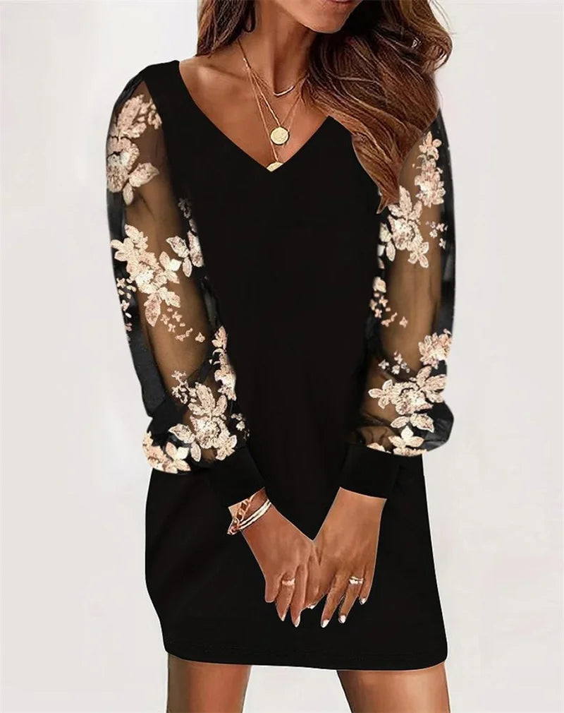 2024 Fashion Sexy V-Neck Mini Dress Vestidos Elegant Women's Autumn Winter Casual Loose Lace Long Sleeve Office Lady Dress Robe