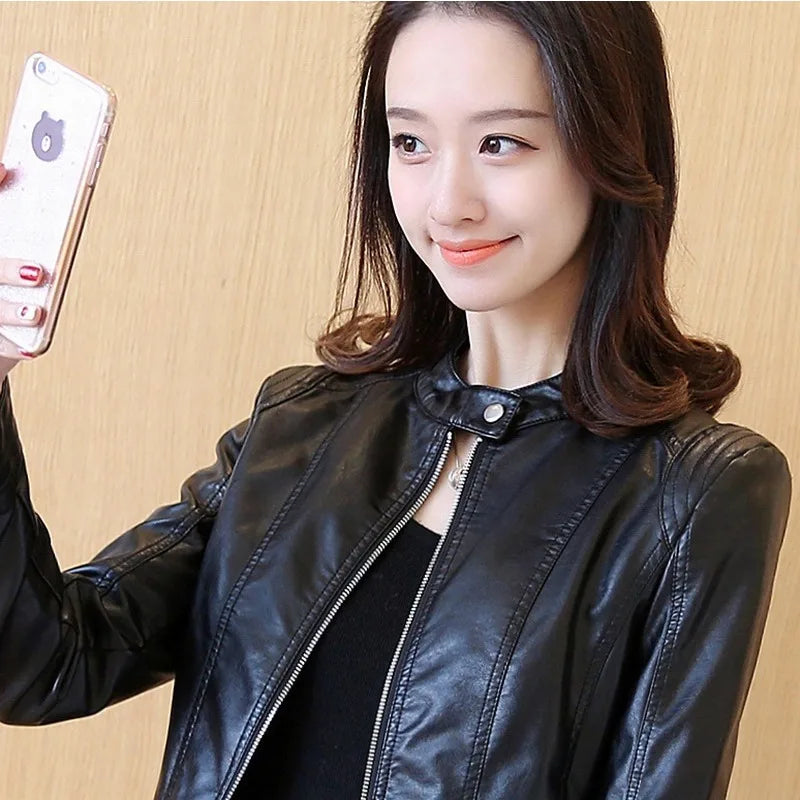 Spring and Autumn New Korean Style Large Size PU Motorcycle Leather Jacket Leather Coat Women Slim Short Small Coat Leather Coat