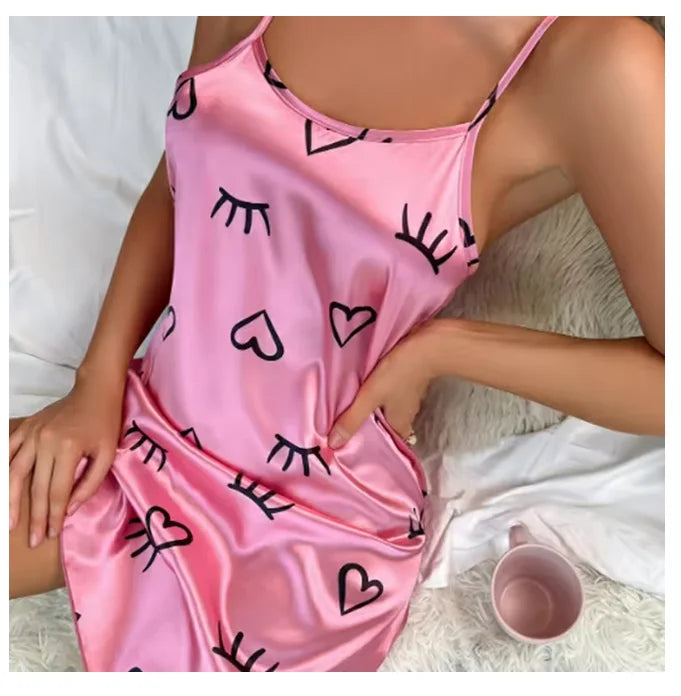 Sleepwear Women's Sexy Lingerie Heart Print Nightdress Scoop Neck Criss Cross Back Sleepdress Nightgowns Pajamas Nighties