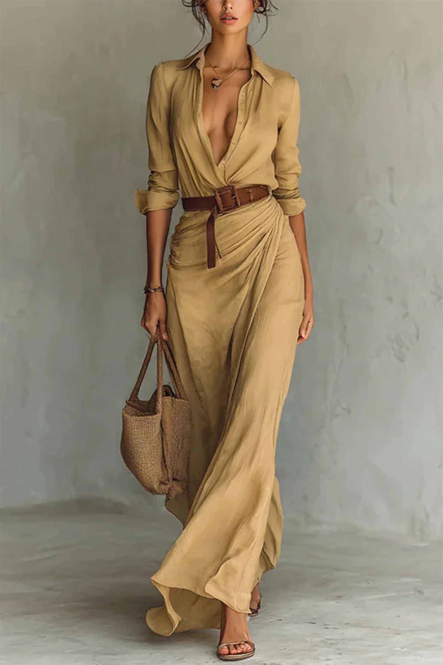 Women's Fashion Solid Holiday Party Dress Elegant Lapel Button Draped Long Dress Casual Long Sleeve Match With Belt Shirt Dress