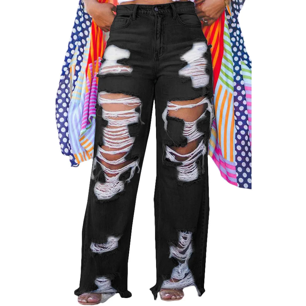 Womens Casual Loose Ripped Denim Pants High Waist Boyfriend Destroyed Distressed Wide Leg Jeans Daily Wear Street Y2K Jeans