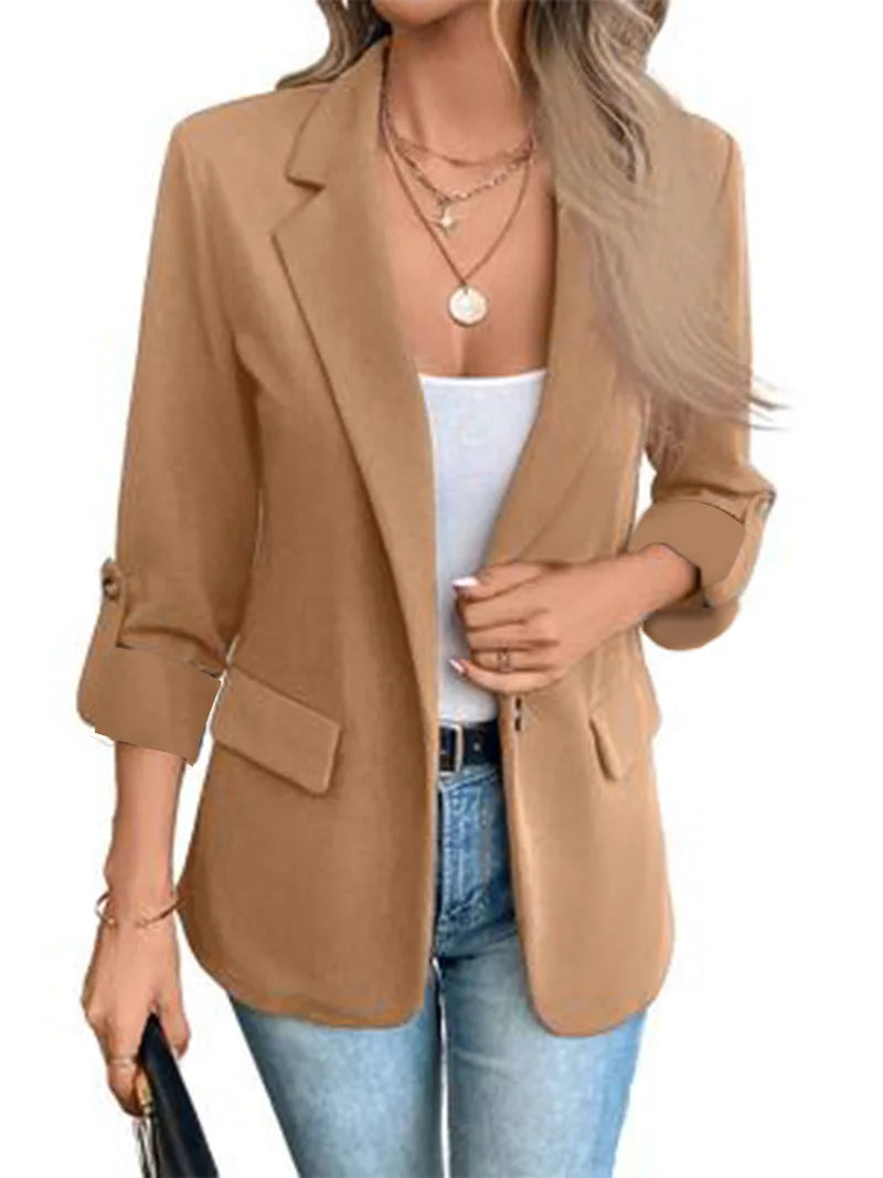 Blazers Long Sleeve Women Suits Blazer Single Button Solid Cardigan Loose Fit Turn Down Collar Pockets Casual 2025 Summer