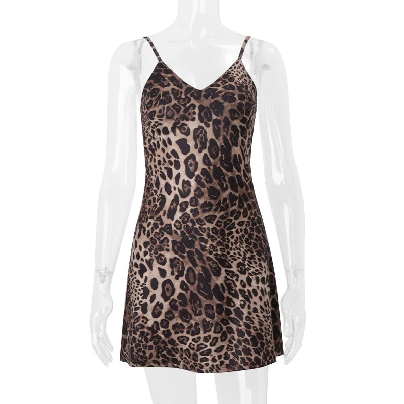 Women Summer Sleeveless Dress Casual Leopard Print Backless Party Mini Dress for Vacation Cocktail Beach Y2K Streetwear