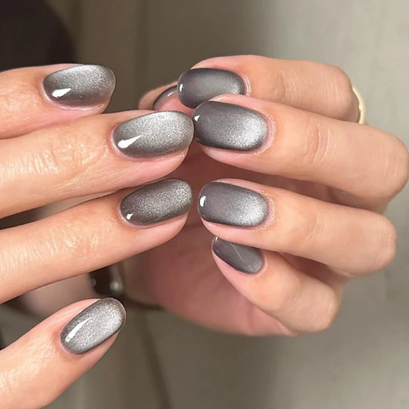 24pcs/set cat eyes fake nails for women girls red brown green blue grey sparkling short tips faux ongles press on false nail