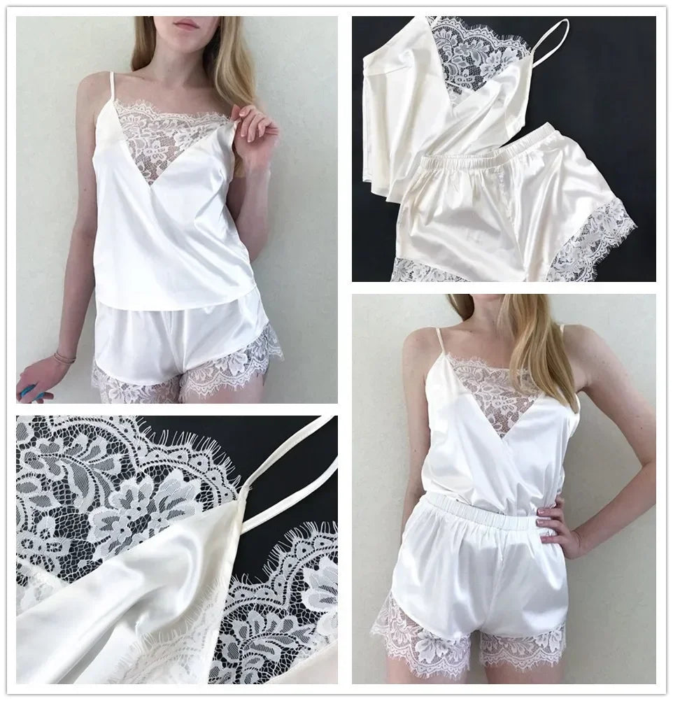 1 Set Women' Pajama Lace Shorts Homewear Solid Underwear Pijama Sexy Summer Lingerie Camisoles Tanks Nighty Lady Sleepwear Woman
