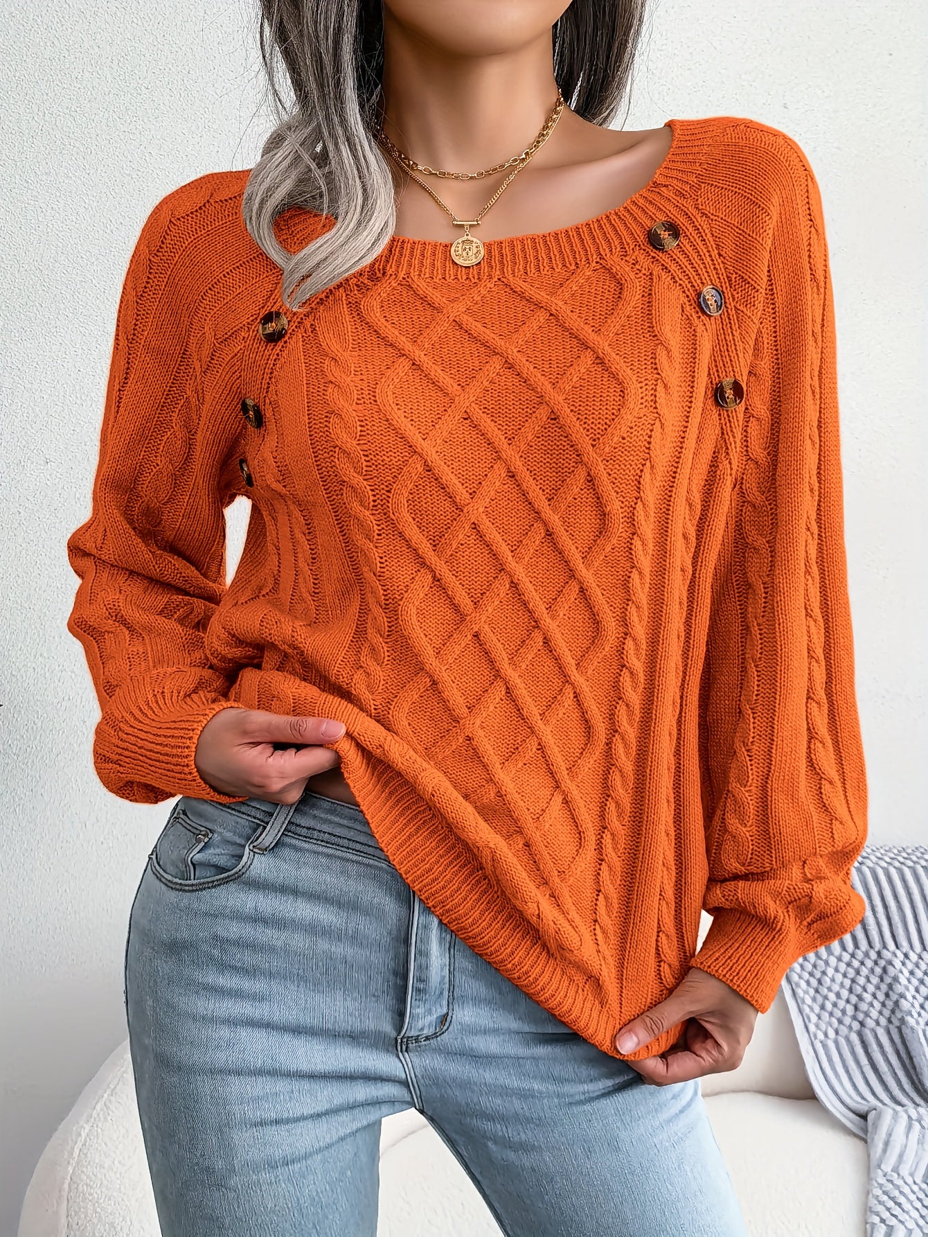 Women's Casual Square Neck Sweater - Smooth Acrylic Knit Fabric, Medium Stretch, Regular Length | Hand Wash or Professional Dry Clean | Button Detail